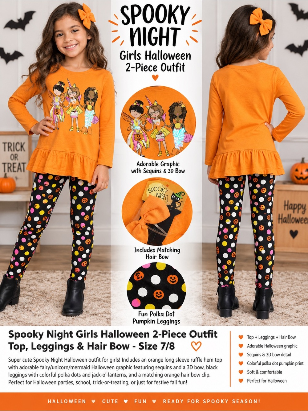 Spooky Night Girls Halloween 2-Piece Outfit
Top, Leggings & Hair Bow - Size 7/8